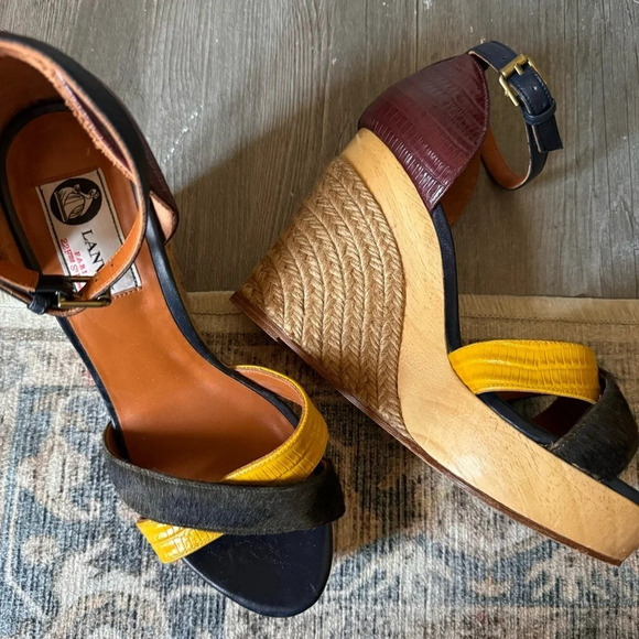 Lanvin Espadrille Leather Wedge Sandal Ankle Strap Paris 37 Multicolor Emboss - Picture 2 of 9